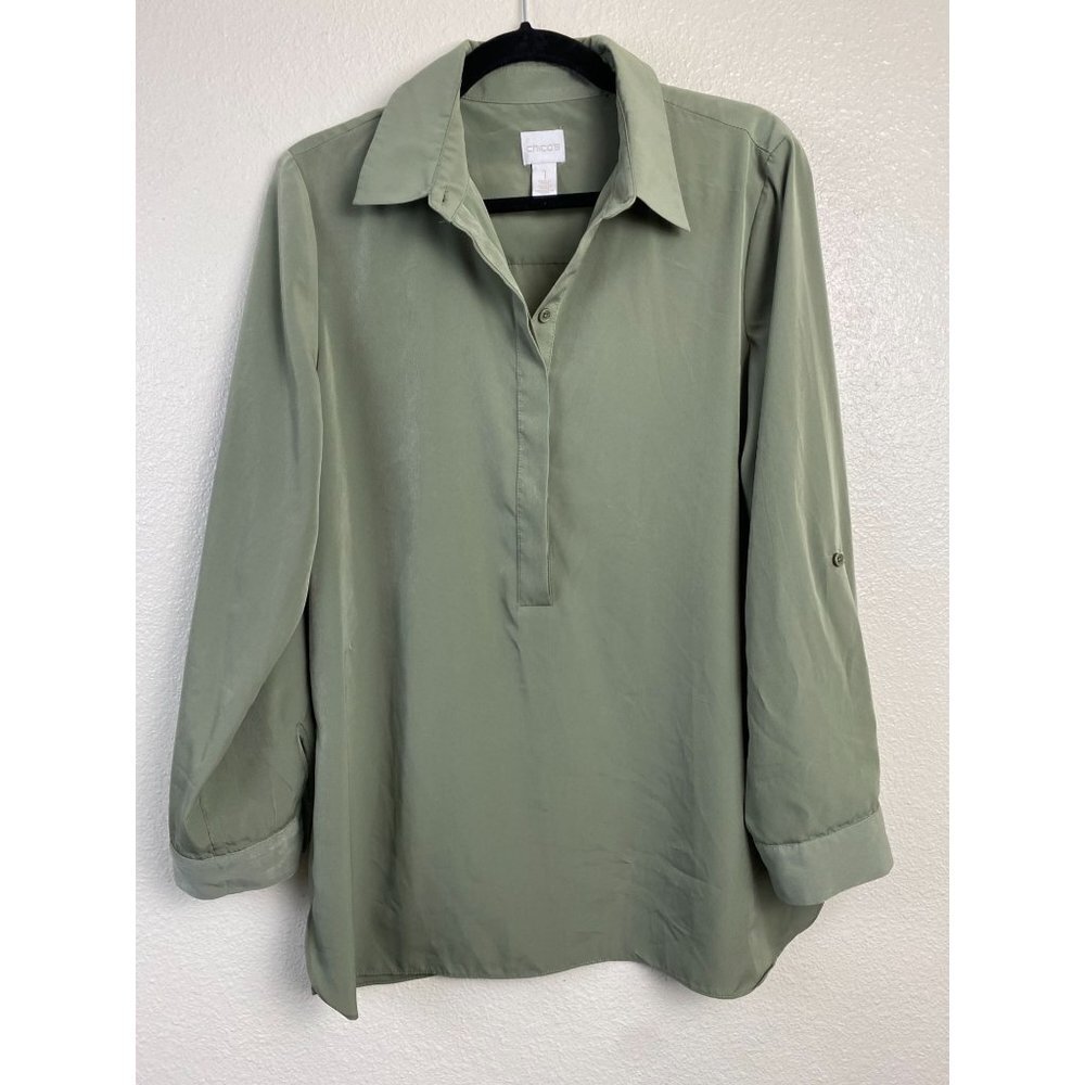 Chico's Green Tunic top Womens size Medium Career office Flowy solid Long Sleeve